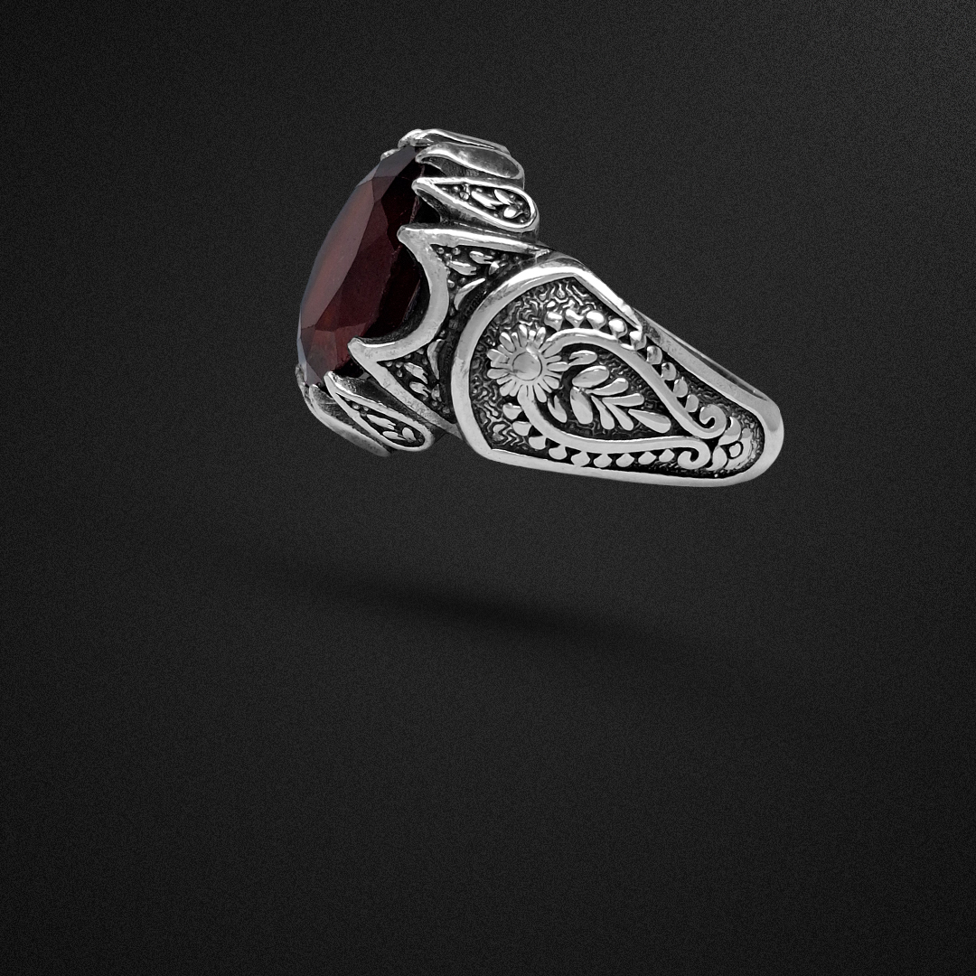 انگشتر نقره مردانه گارنت سرخ رکاب برگ و خورشید 