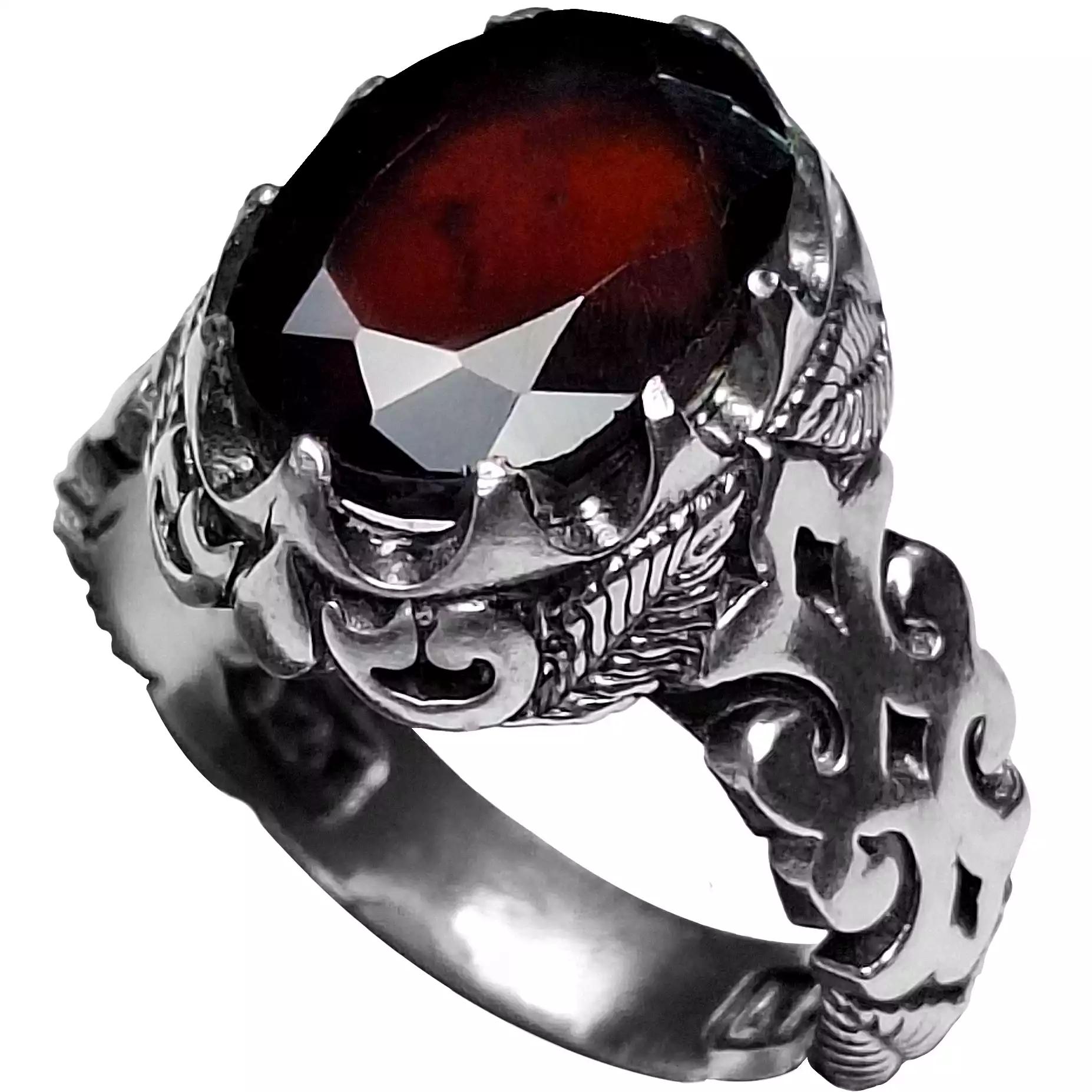 انگشتر نقره مردانه مدل گارنت طبیعی رکاب برگ‌دار