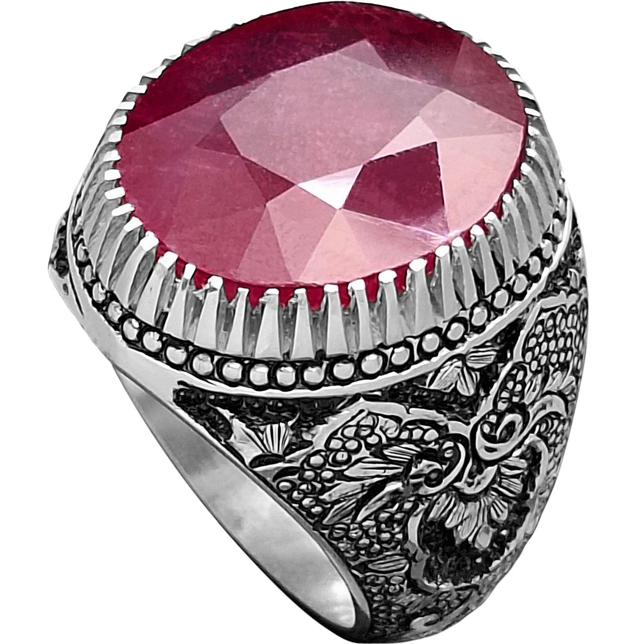 انگشتر نقره مردانه یاقوت سرخ آفریقایی رکاب قلمزنی