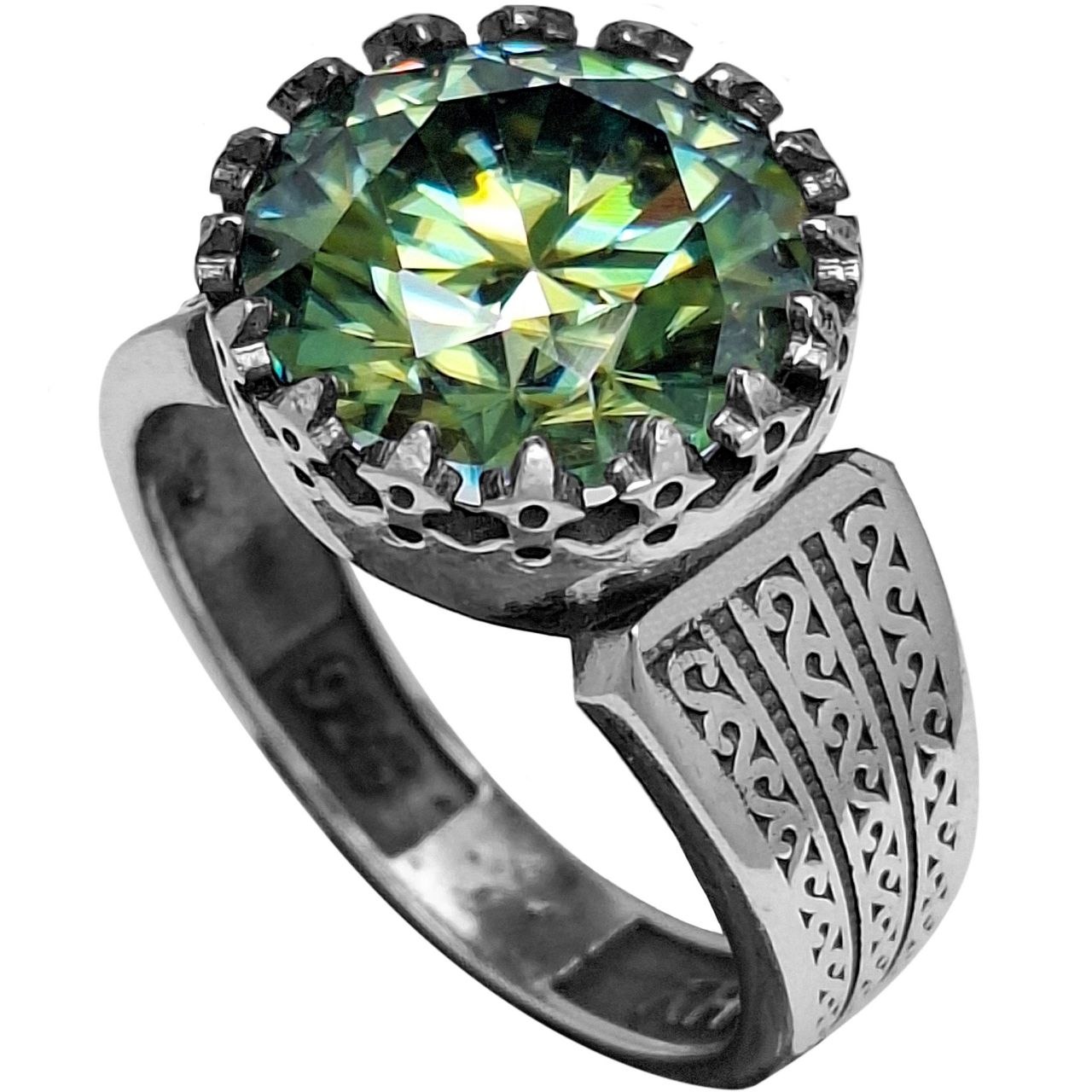 انگشتر نقره مردانه موزانایت (الماس روسی) پرطاووسی