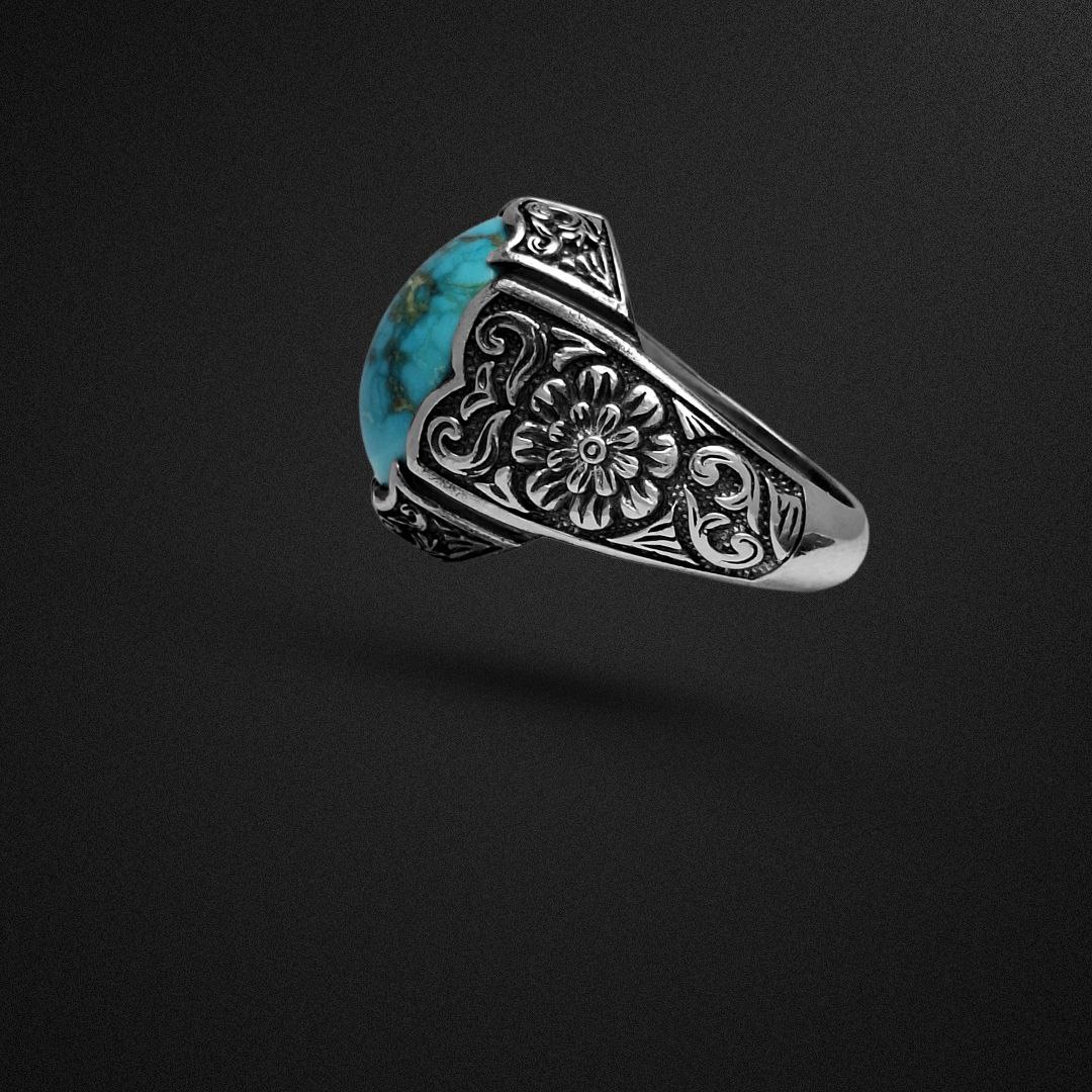 انگشتر نقره مردانه فیروزه نیشابور رکاب گلدار