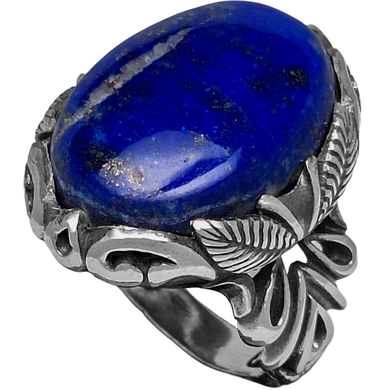 انگشتر نقره مردانه لاجورد رکاب برگ‌دار