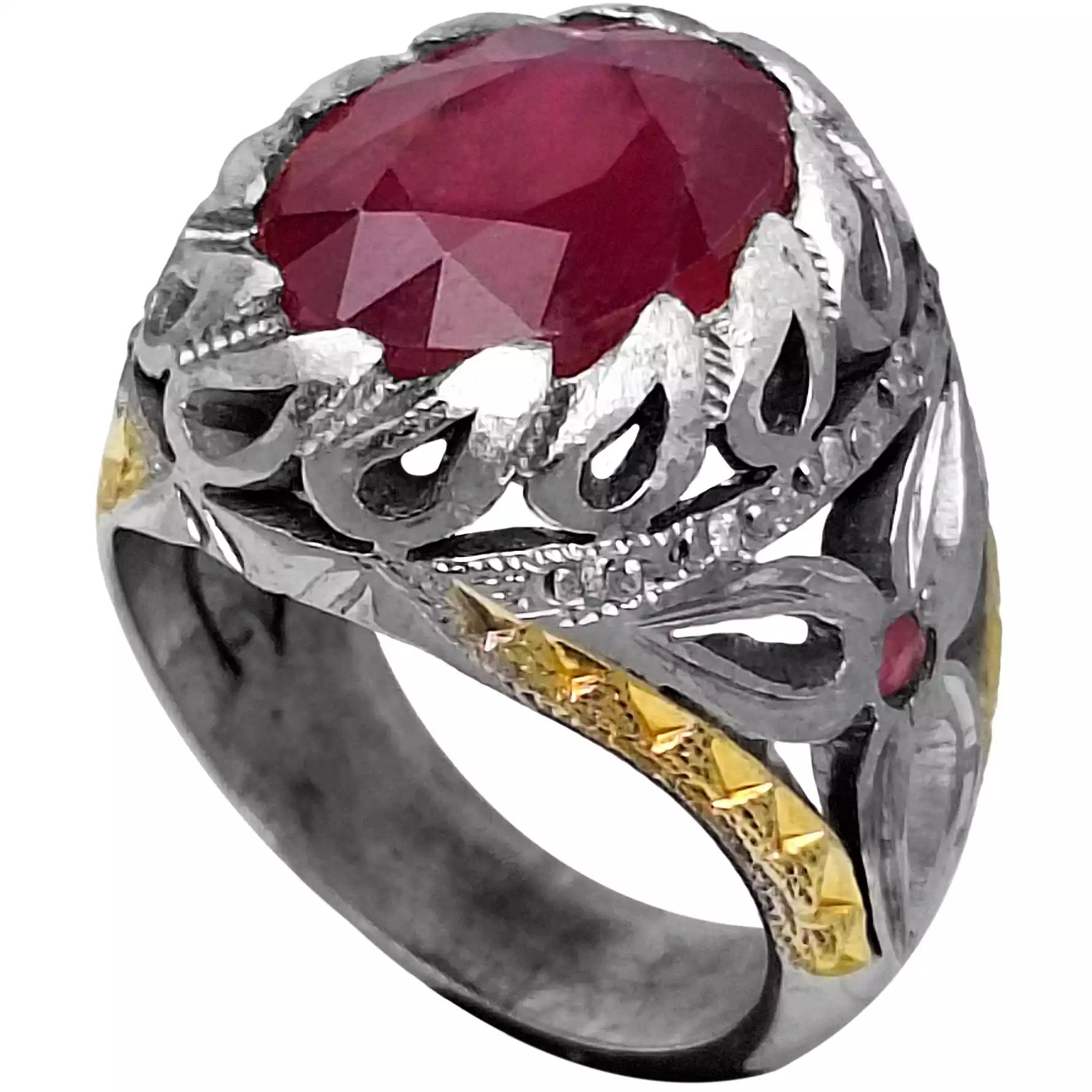 انگشتر نقره مردانه یاقوت سرخ مدل گل سه پر و بته جقه