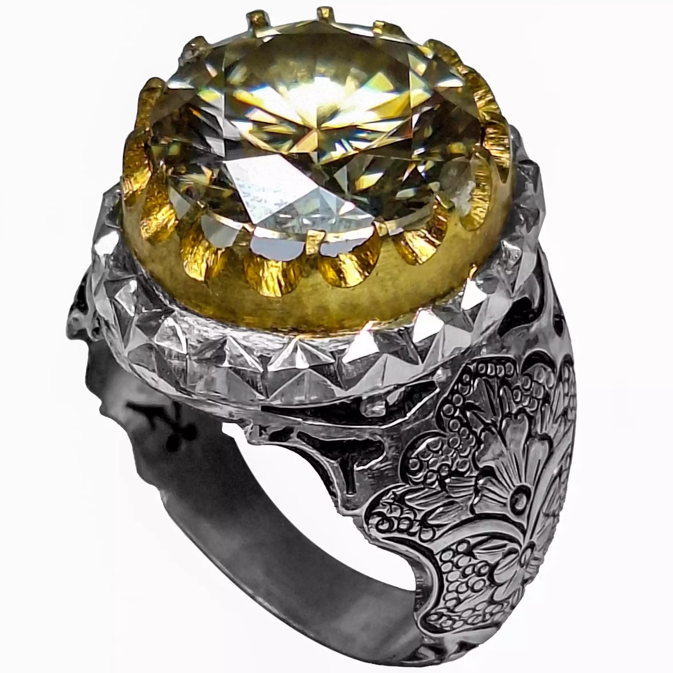 انگشتر نقره مردانه مدل موزانایت رکاب شبکه‌کاری و قلمزنی