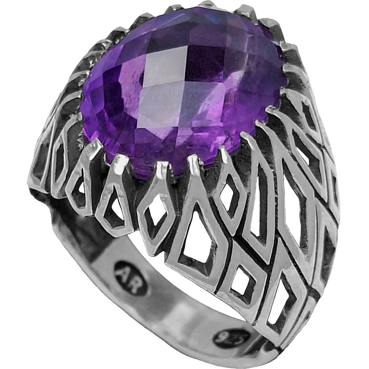 انگشتر نقره مردانه آمیتیست فنسی‌کات رکاب شبکه لوزی