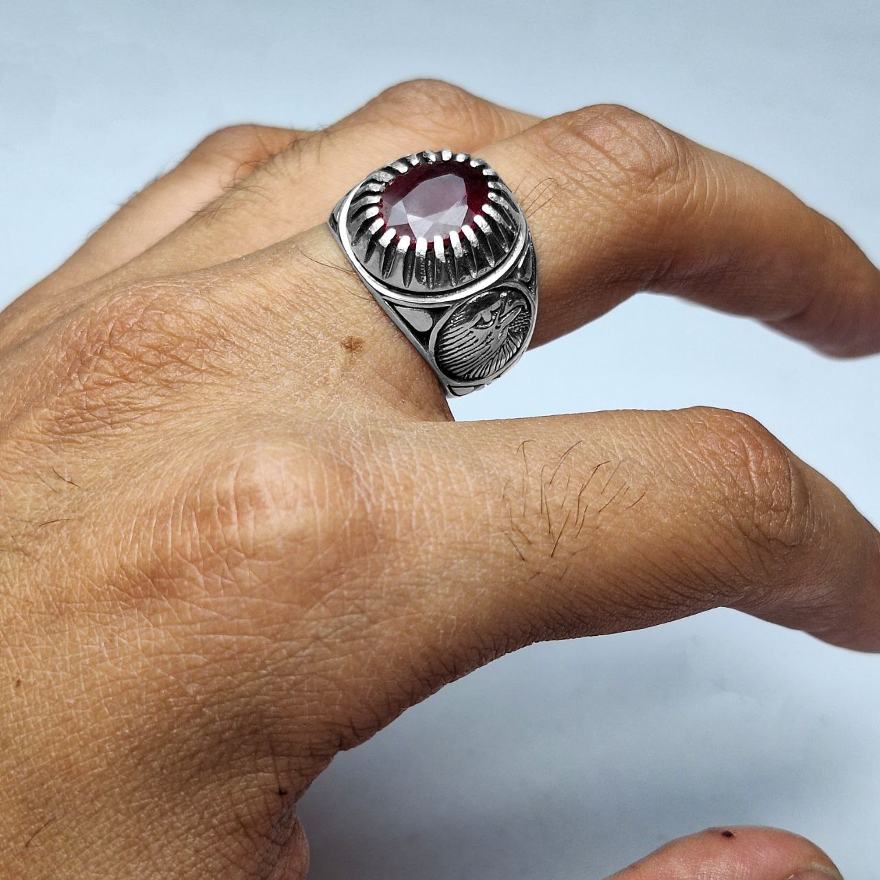 انگشتر نقره مردانه یاقوت سرخ آفریقایی رکاب عقاب
