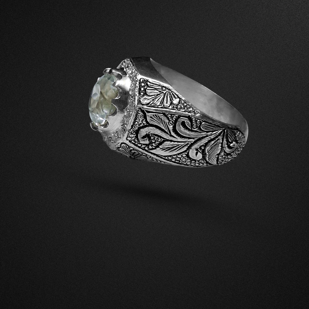  انگشتر نقره مردانه آکوامارین رکاب قلمزنی مخراج‌کاری