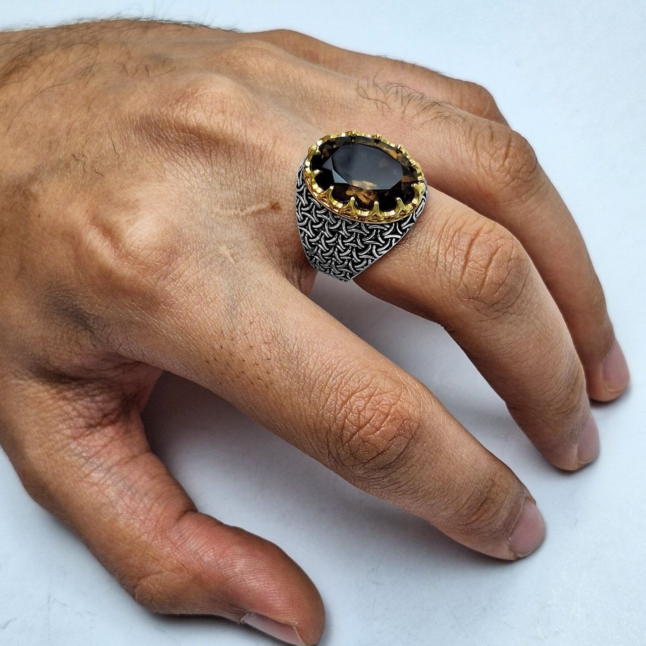 انگشتر نقره مردانه کوارتز رکاب بافت مثلثی