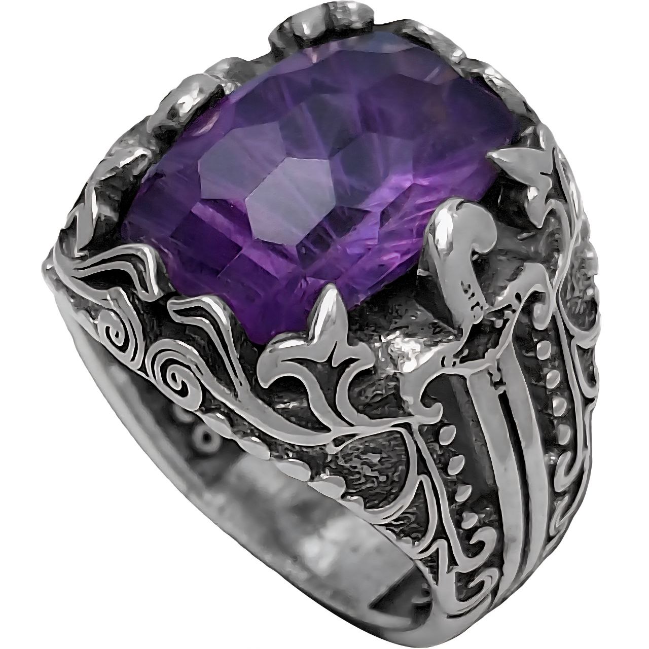 انگشتر نقره مردانه آمیتیست فوتبال‌کات رکاب شمشیر