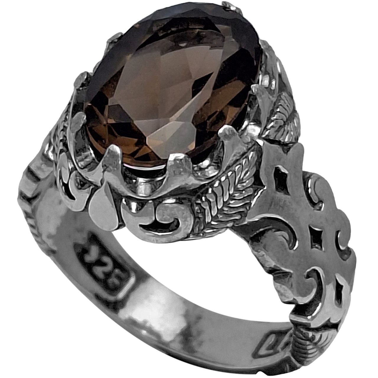 انگشتر نقره مردانه کوارتز دودی رکاب برگدار