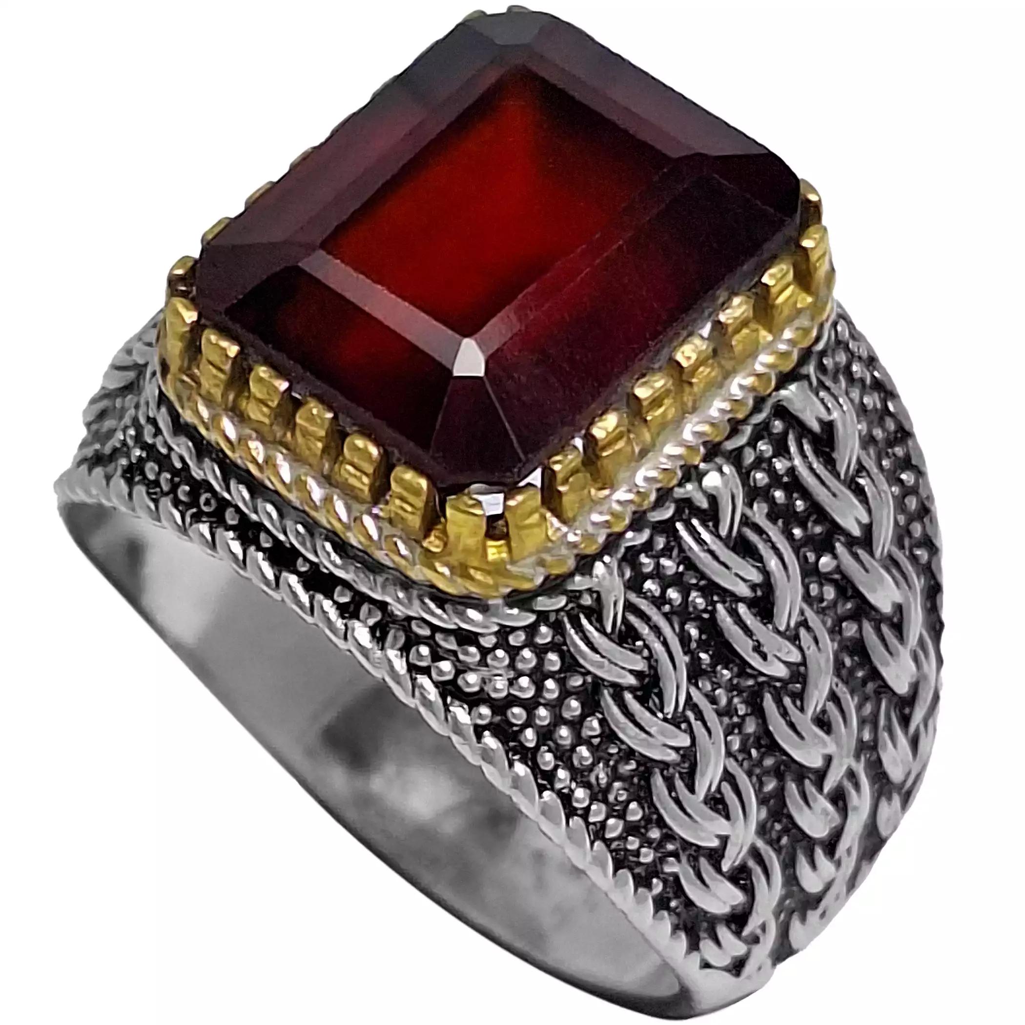 انگشتر نقره مردانه گارنت سرخ تراش امرالد مستطیل