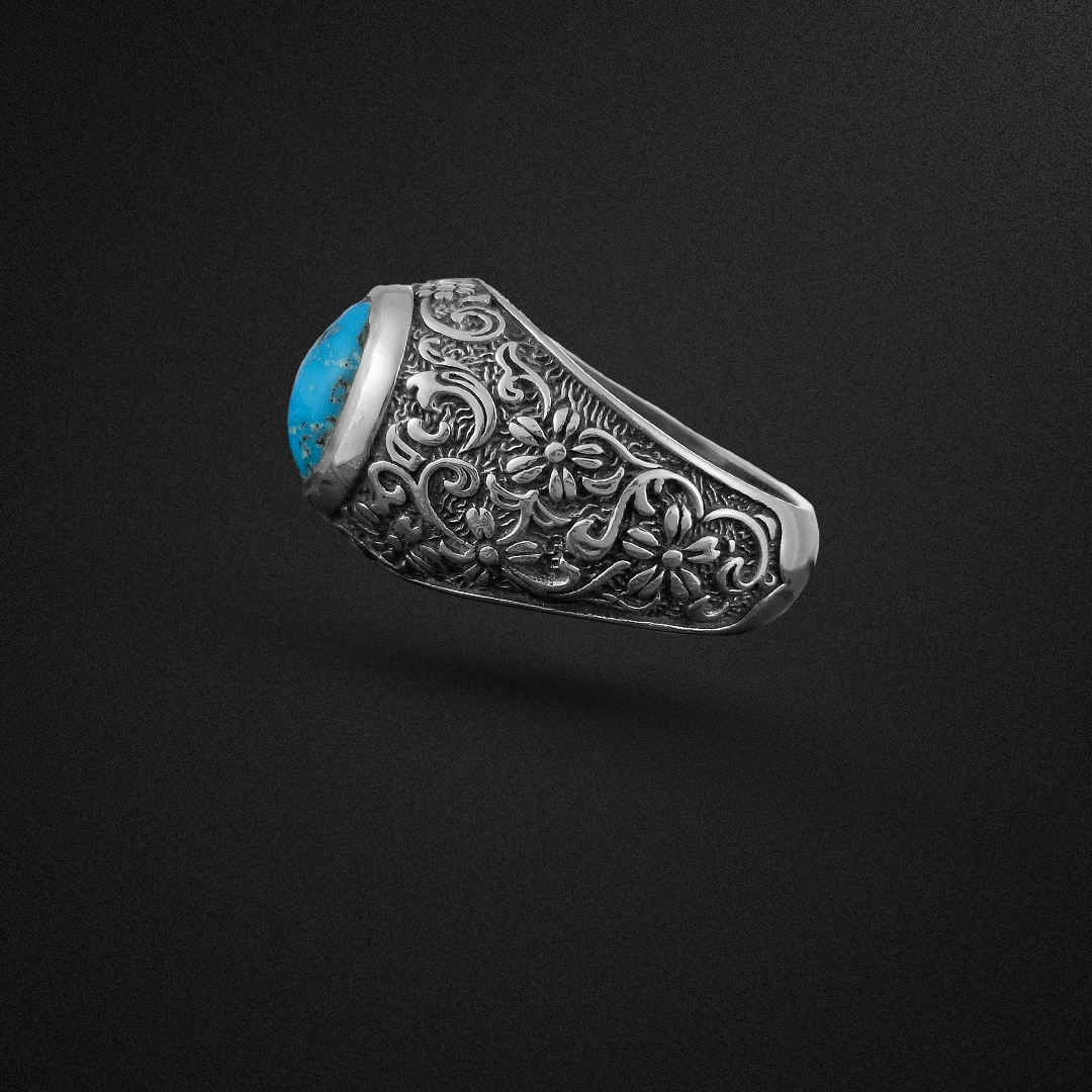  انگشتر نقره مردانه فیروزه نیشابور رکاب گل اسلیمی