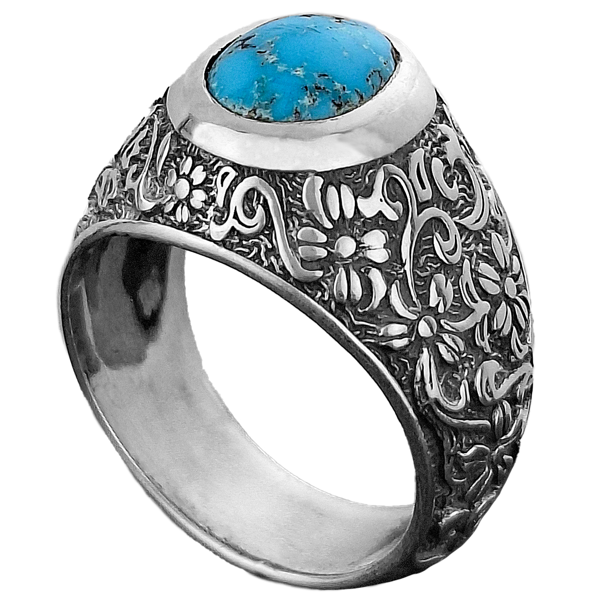  انگشتر نقره مردانه فیروزه نیشابور رکاب گل اسلیمی