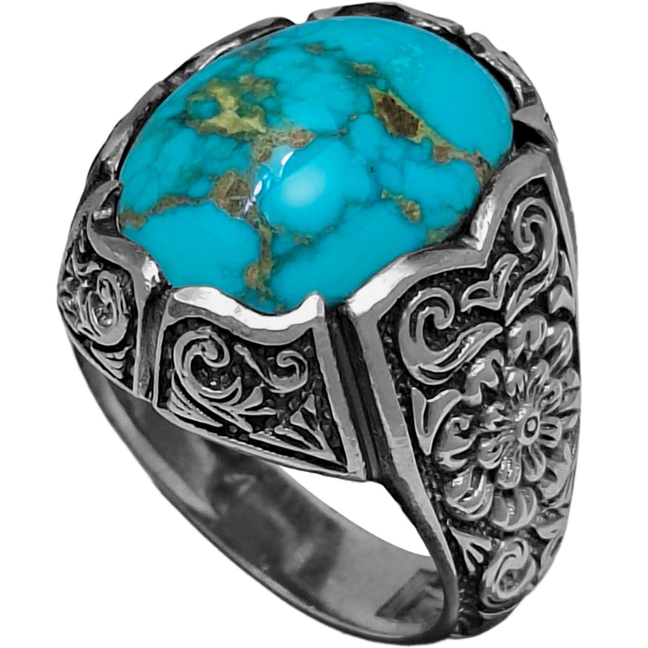 انگشتر نقره مردانه فیروزه نیشابور رکاب گلدار