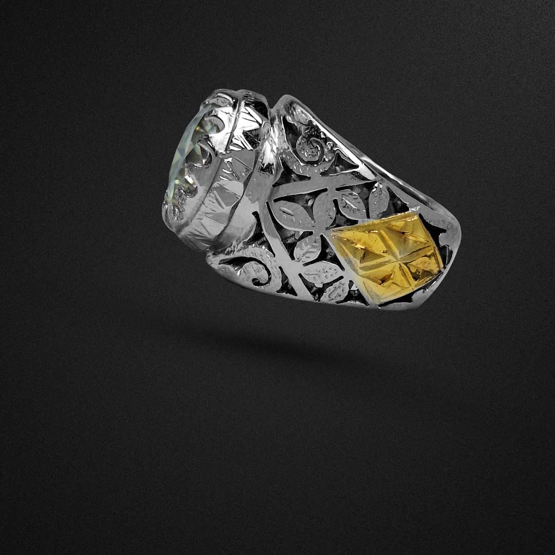 انگشتر نقره مردانه الماس روسی (موزانایت) مدل برگ و لوزی