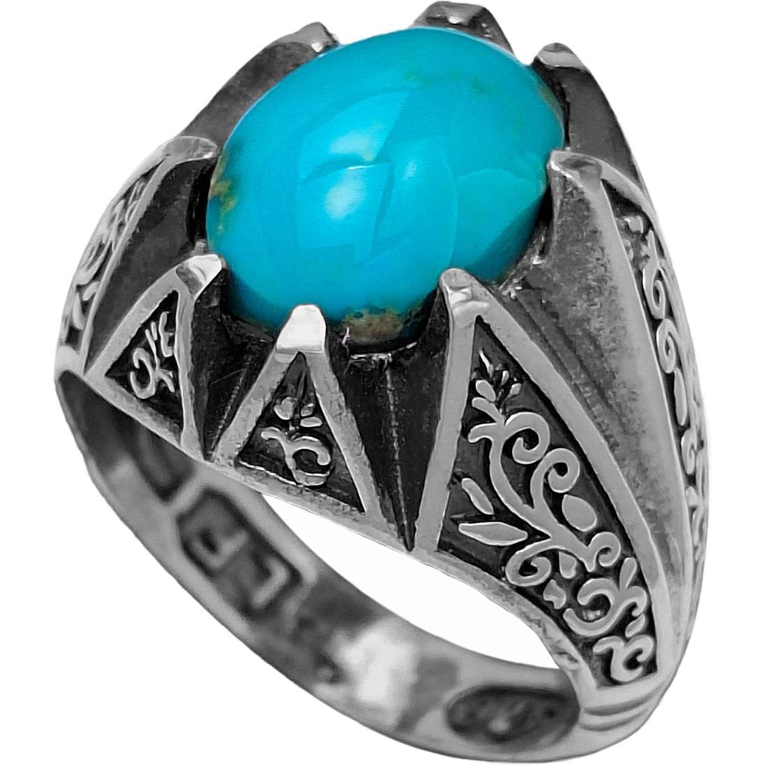 انگشتر نقره مردانه فیروزه رکاب شش چنگ