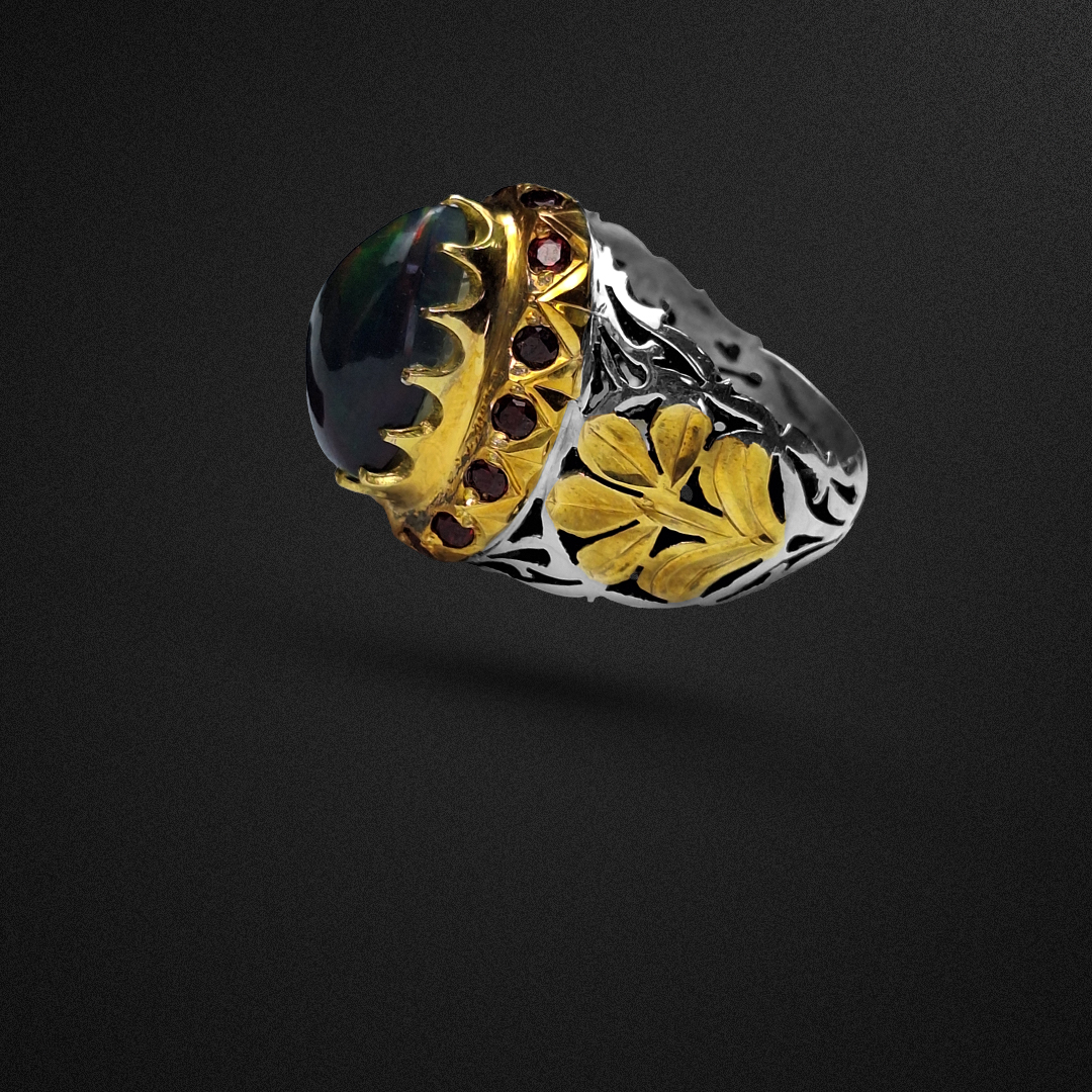 انگشتر نقره مردانه اُپال اتیوپی تراش اشک