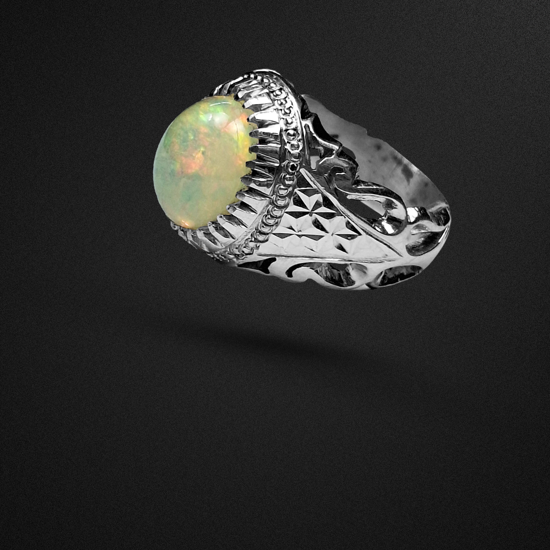 انگشتر نقره مردانه اپال اتیوپی رکاب شبکه کاری و آینه کاری