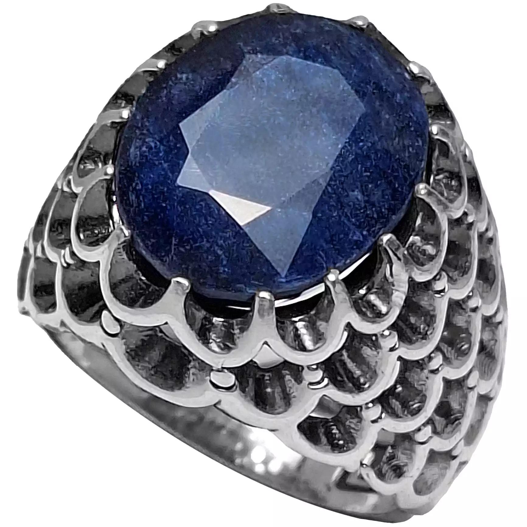 انگشتر نقره مردانه یاقوت کبود رکاب پولکی