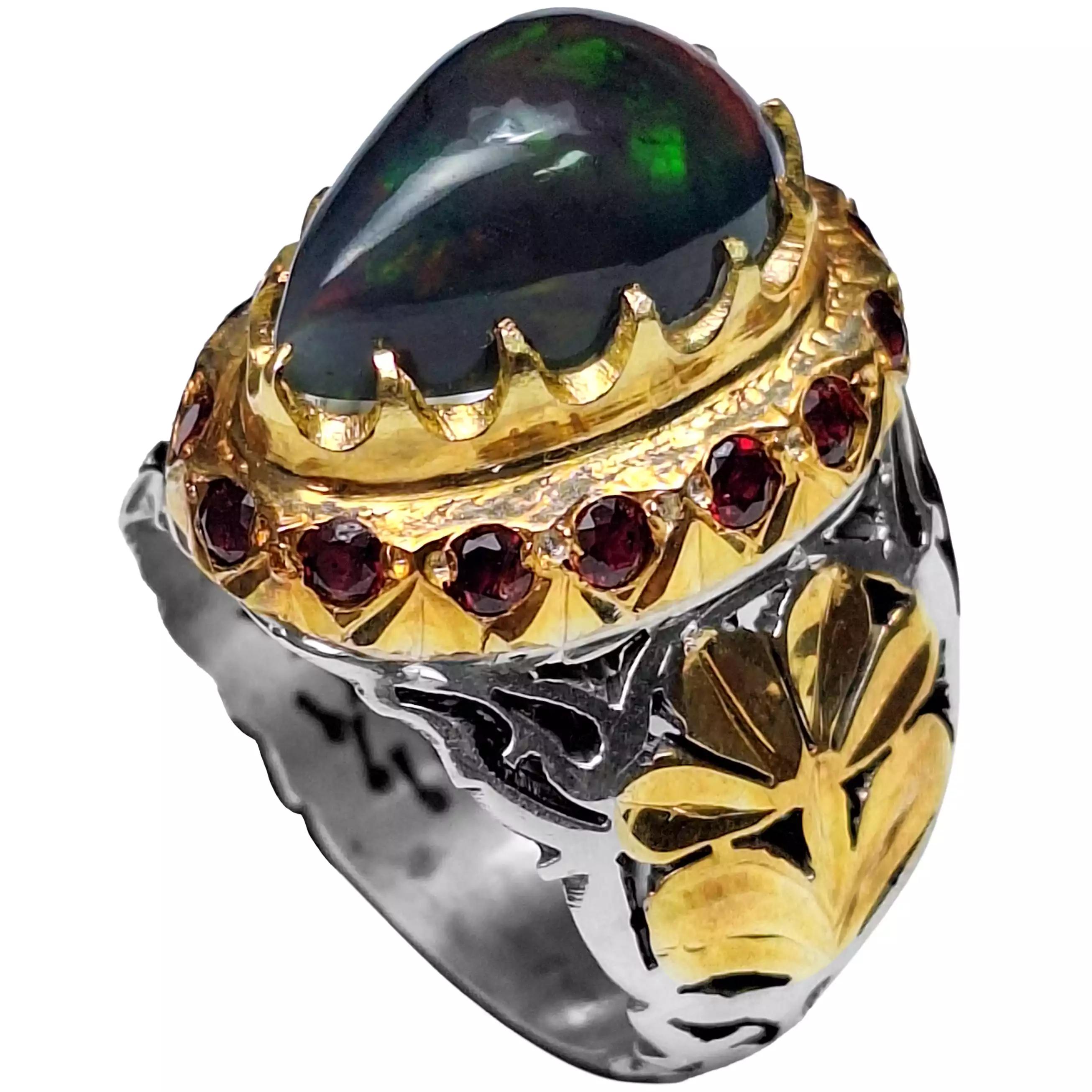 انگشتر نقره مردانه اُپال اتیوپی تراش اشک