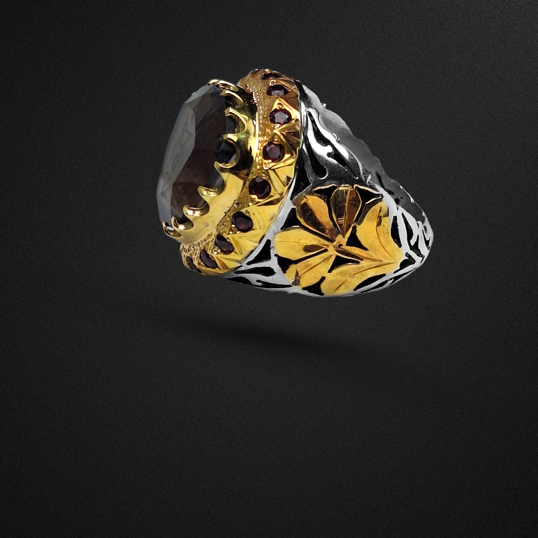  انگشتر نقره مردانه کوارتز دودی مثلثی آبکاری مخراج گارنت