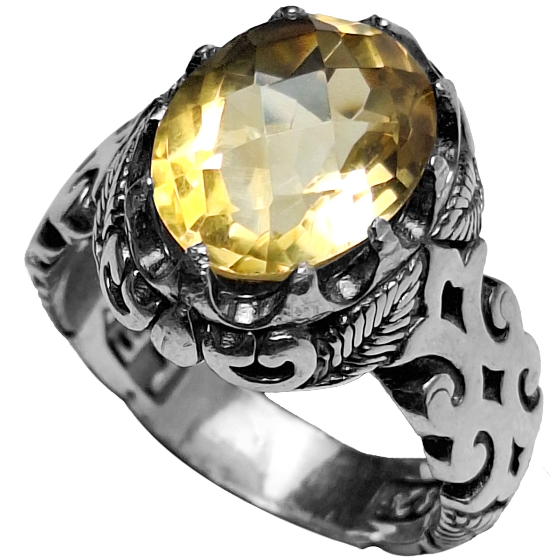 انگشتر نقره مردانه سیترین تراش فنسی رکاب برگ‌دار