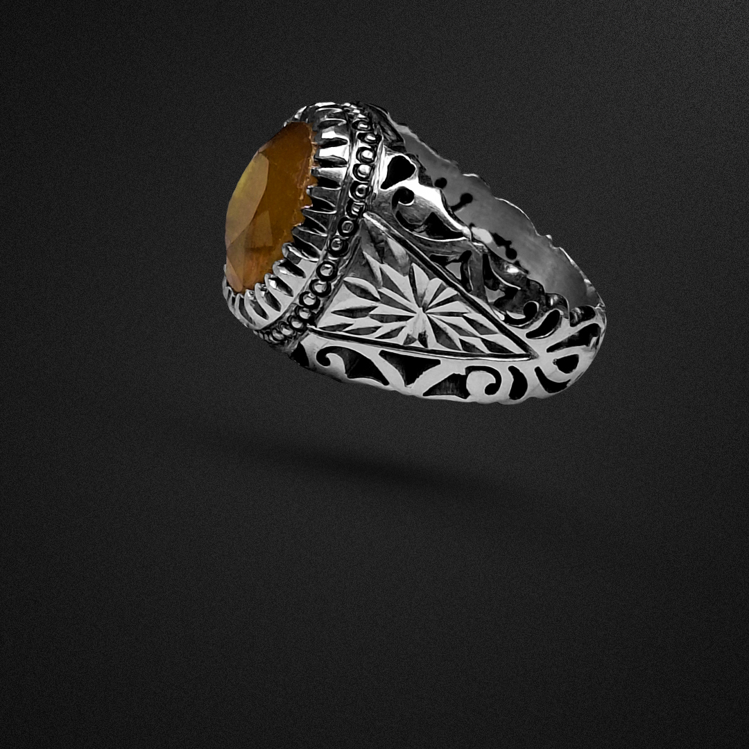 انگشتر نقره مردانه یاقوت زرد آفریقایی رکاب شبکه و آینه کاری