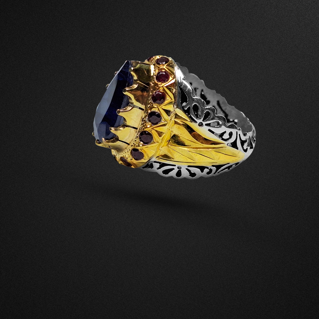 انگشتر نقره مردانه یاقوت کبود تراش اشک مخراج گ