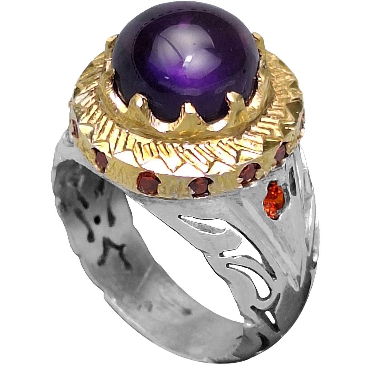 انگشتر نقره مردانه آمیتیست شبکه و مخراج کاری آبکاری طلا تراش دامله